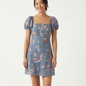 Let Me Be Anthropologie Laurel Floral Embroidered Mini Dress Blue Puff Sleeve XS